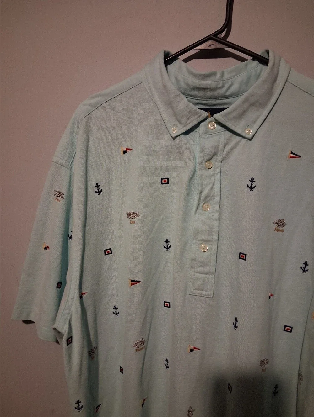 Ralph Lauren Polo Shirt Mens 2XLT Blue Knit Oxford Nautical Embroidered Flags